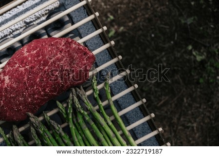 Aparagus and steak on grill. Outdoor picnic in summer.Healthy eating.Copy space banner