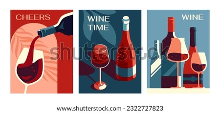 Posters with wine set. Abstract aesthetic banners with alcohol drink, bottles and glasses. Restaurant, evening date and sommelier concept. Cartoon flat vector collection isolated on white background Royalty-Free Stock Photo #2322727823