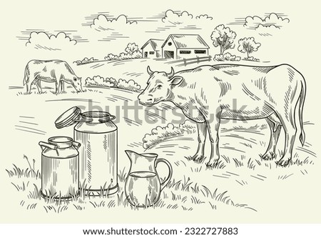 Rural landscape with cow and milk. Hand drawn village sketch with agriculture and domestic animals, pasture and house. Dairy products, harvest and countryside concept. Linear flat vector illustration Royalty-Free Stock Photo #2322727883