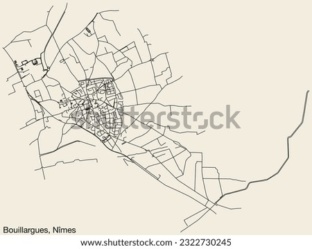 Detailed hand-drawn navigational urban street roads map of the BOUILLARGUES COMMUNE of the French city of NÎMES, France with vivid road lines and name tag on solid background