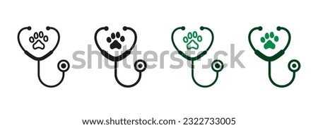 Stethoscope and Animal Footprint Veterinary Concept. Veterinarian Medicine Equipment Line and Silhouette Icon Set. Pet, Dog, Cat Health Care Service Symbol Collection. Isolated Vector Illustration.