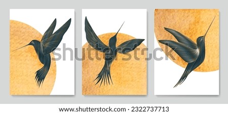 Abstract art background with hummingbirds with gold elements in line art style with sun on background. Animal set for decoration, print, interior design, wallpaper, invitations, packaging. Royalty-Free Stock Photo #2322737713