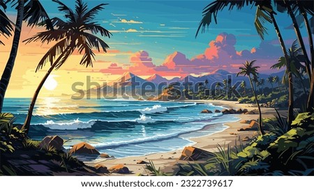 Sunset or summer sunrise over the sea. Calm waves. Bright warm colors. Morning or evening. The beauty of the sea. Seascape, work of art. Vector illustration design Royalty-Free Stock Photo #2322739617