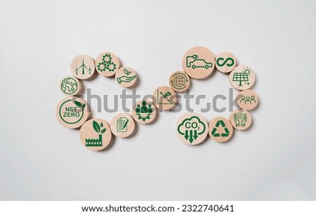 Wooden infinity shape with Circular business economy environment icons on white background for future sustainable investment growth and reduce environmental pollution concept.