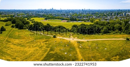 Aerial view of Hampstead Heath, a grassy public space and one of the highest points in London, England