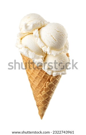 Vanilla ice cream with lot of scoops served on a crispy waffle cone isolated on white background Royalty-Free Stock Photo #2322743961