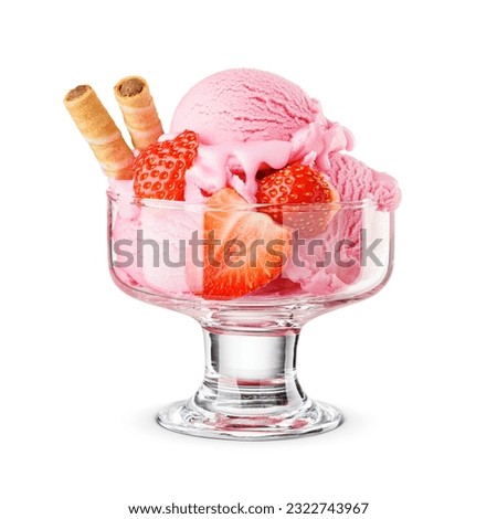 Strawberry pink ice cream scoops served on a glass dessert bowl isolated on white background.