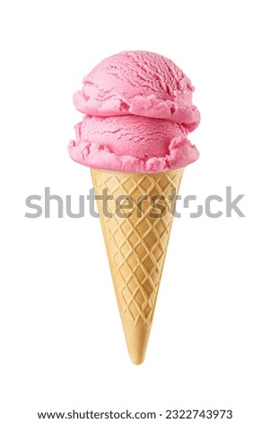 Pink ice cream scoops served on a crispy waffle cone isolated on white background