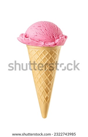 Pink ice cream scoops served on a crispy waffle cone isolated on white background. Taste of strawberry, fruit, raspberry, berry, cherry, candy. Royalty-Free Stock Photo #2322743985