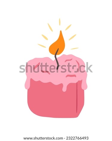  Candle with a flame. Pink heart-shaped candle. Design element for greeting card, invitation, print, sticker. Cartoon greeting illustration for Christmas, Xmas, valentine's day, birthday and New Year.