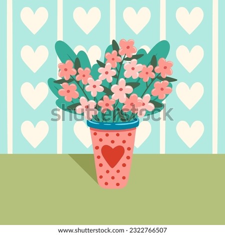 Illustration of vase with flowers. Bright blooming flowers in vase. Design element for greeting card, invitation, print, sticker. Illustration for birthday, mother's day, valentine's and woman's day.	