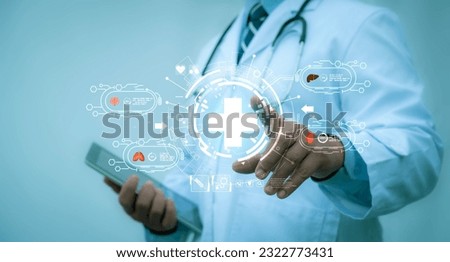 A medical worker touch medical cross shape and healthcare, Virus pandemic develop people awareness and spread attention on their healthcare in global. Medical technology and futuristic concept.