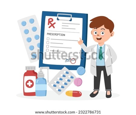 Doctor and RX clipart cartoon style. Doctor gives the RX medical prescription clipboard with mecidines flat vector illustration. Bottle, pills, tablet, capsule. Hospital, medical, pharmacy concept