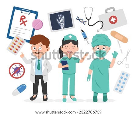 Doctor, nurse, and surgeon clipart cartoon style. Occupations in hospital and medical elements flat vector set illustration hand drawn doodle style. RX prescription, medicines pills, stethoscope, DNA