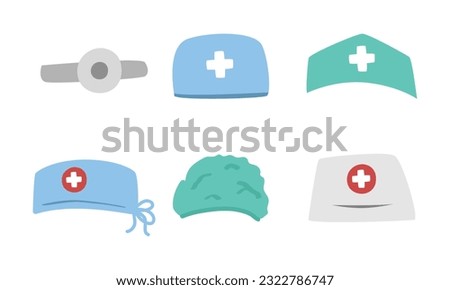 Set of medical hats clipart cartoon style. Doctor hat, nurse hat, surgeon hat medical uniform flat vector set illustration hand drawn doodle style. Hospital head uniform. Hospital and medical concept
