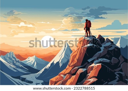 Cartoon depiction of a daring climber ascending a mountain Royalty-Free Stock Photo #2322788515