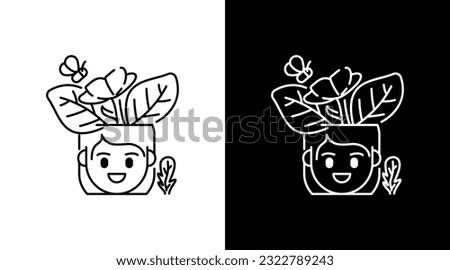 Happy girl with flower bloom outline Doodle Icon Button Design