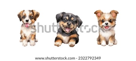 Set of cute dog watercolor isolated on white background. Puppy hand drawing vector illustration