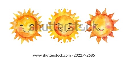 Set of cute cartoon sun watercolor isolated on white background. Vector illustration
