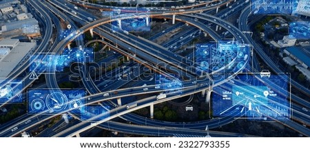 Modern highway and Data technology concept. Smart transportation. ITS (Intelligent Transport Systems). Mobility as a service.Composite visual with a drone point of view. Mixed media. Royalty-Free Stock Photo #2322793355