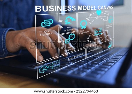 Businessman working with bmc or business model canvas as business process planning on laptop to investment, partners, activities, segments, costs, sales channels, revenue management.