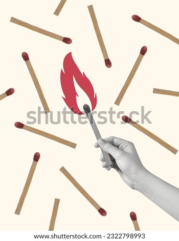 Contemporary art collage of hands holding burning matches. The concept of the heating season or burning emotions. Modern design. Copy space for ad.
