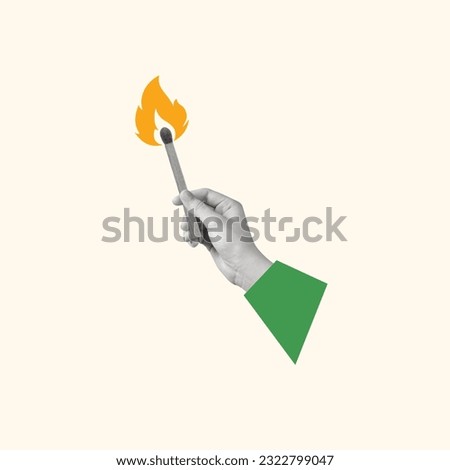 Contemporary art collage of hands holding burning match. Heating season. Burning emotions. Modern design. Copy space for ad. 