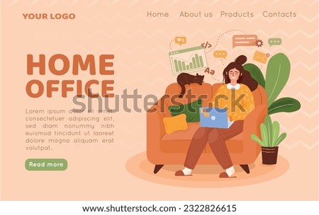 Home work office. Landing page. Freelance business occupation. Woman with laptop on sofa. Remote computer job. Girl sitting on couch. Vector illustration website UI design template