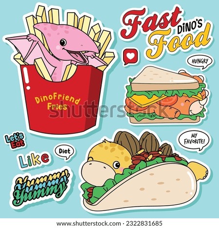 Doodle dinosaurs fast food illustration collection