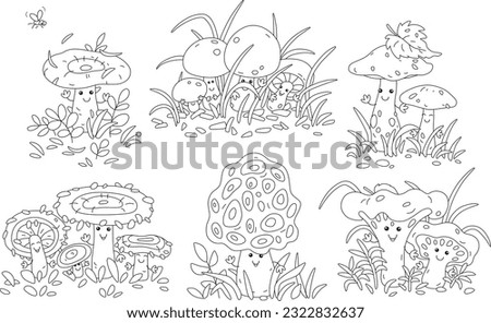 Cartoon set of forest mushrooms among grass, funny Kawaii characters, black and white outline vector illustrations for a coloring book