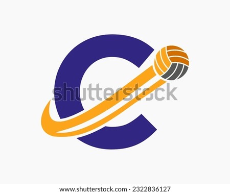 Letter C Volleyball Logo Concept With Moving Volley Ball Icon. Volleyball Sports Logotype Template