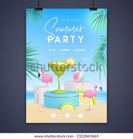 Summer disco party poster with 3d stage and margarita cocktail. Colorful summer beach scene. Vector illustration