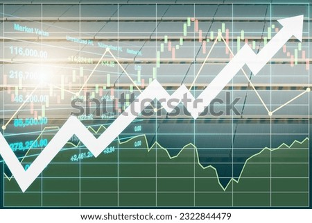 Stock financial index show worthwhile investment on sustainable technology of solar energy with graph, chart, candlesticks and arrow up on solar panels for business background use.
