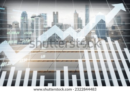 Stock financial index show worthwhile investment on sustainable technology of solar energy with graph, chart, candlesticks and arrow up on solar panels for business commercial background use.
