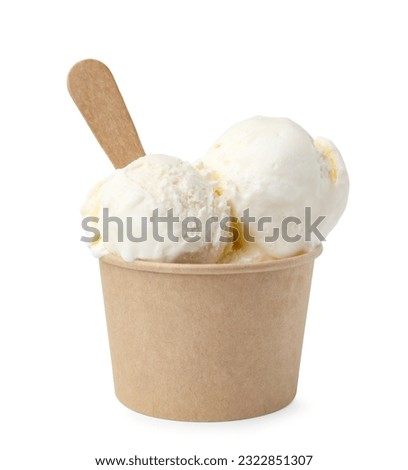 Delicious vanilla ice cream in paper cup isolated on white