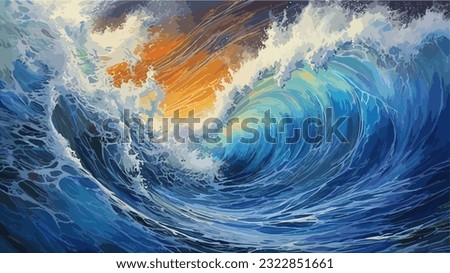 Big wave in a raging sea. A strong storm in the ocean. Big waves. Blue tones. The power of raging nature. Seascape, artwork. Vector illustration design Royalty-Free Stock Photo #2322851661
