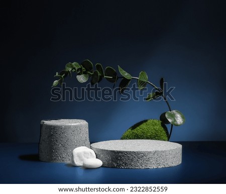 Stone pedestal stage product display background with nature moss on navy color.zen like backdrop Royalty-Free Stock Photo #2322852559