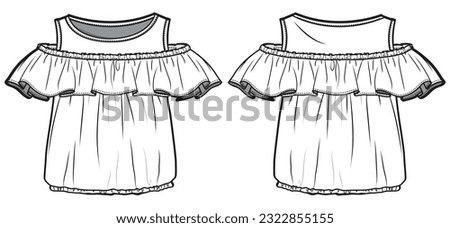 Kids Girl Ruffle Cold Shoulder Top Front and Back View. Fashion Flat Sketch Vector Illustration, CAD, Technical Drawing, Flat Drawing, Template, Mockup. Royalty-Free Stock Photo #2322855155