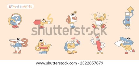 Cute school supplies characters. A collection of various actions.