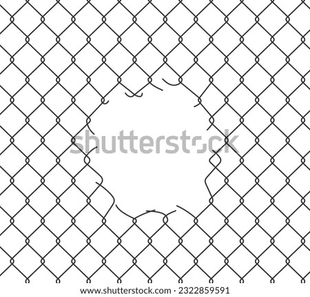 Broken wire mesh fence. Rabitz or chain link fence with cut hole. Torn wire pirson mesh texture. Cut metal lattice grid. Vector illustration isolated on white background. Royalty-Free Stock Photo #2322859591