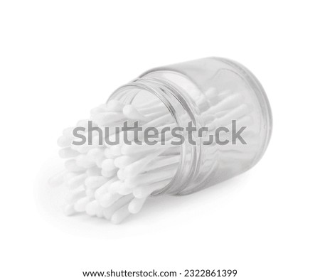 Glass jar with clean cotton buds isolated on white Royalty-Free Stock Photo #2322861399