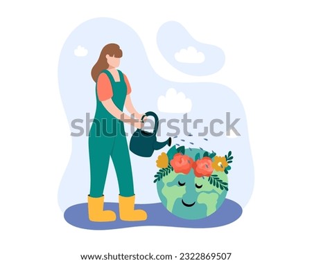 People help planet Earth. Female holding watering can and watering planet. Protecting planet, global warming concept. Vector flat illustration, cartoon style, blue and green colors