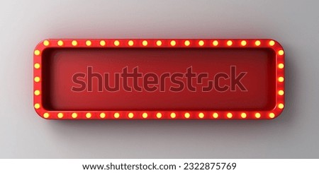 Long retro billboard display box or blank long red signboard with glowing yellow neon light bulbs isolated on dark white wall background with shadow 3D rendering