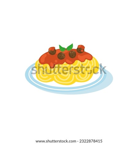 Pasta is a national Italian dish. Spaghetti with meatballs in tomato sauce. Vector cartoon hand drawn colorful illustration. Isolate on a white background