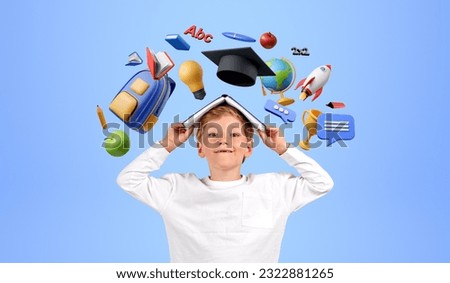 School kid looking at the camera with book on head, different educational icons and rocket flying on blue background. Concept of learning, knowledge and graduation