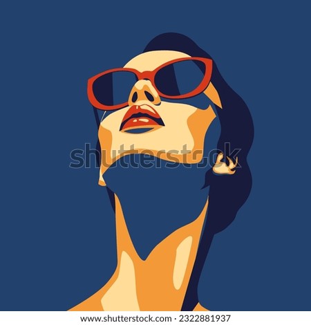 Young beautiful fashion woman with sunglasses looking up. Abstract female portrait, contemporary design, vector illustration Royalty-Free Stock Photo #2322881937