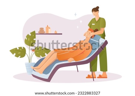 Spa salon concept with people scene in the flat cartoon design. A woman came to a beautician in a spa salon. Vector illustration.