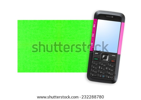 Mobile phone and note paper isolated on white background