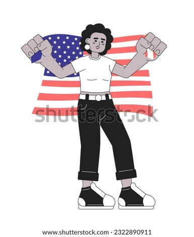 4th of july celebration monochrome vector spot illustration. African american woman holding american flag 2D flat bw cartoon character for web UI design. Isolated editable hand drawn hero image
