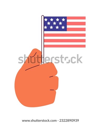 American flag holding semi flat colorful vector hand. Patriotism celebration. Waving flag. Patriotic 4th of july. Editable clip art on white. Simple cartoon spot illustration for web graphic design